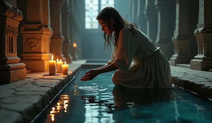 Framing: Position the woman kneeling near a pool of holy water, gently cupping the water in her hands. Her face is reflected in the water, and her expression is peaceful yet introspective.
Lighting: The reflection of nearby candles shimmers on the surface ...