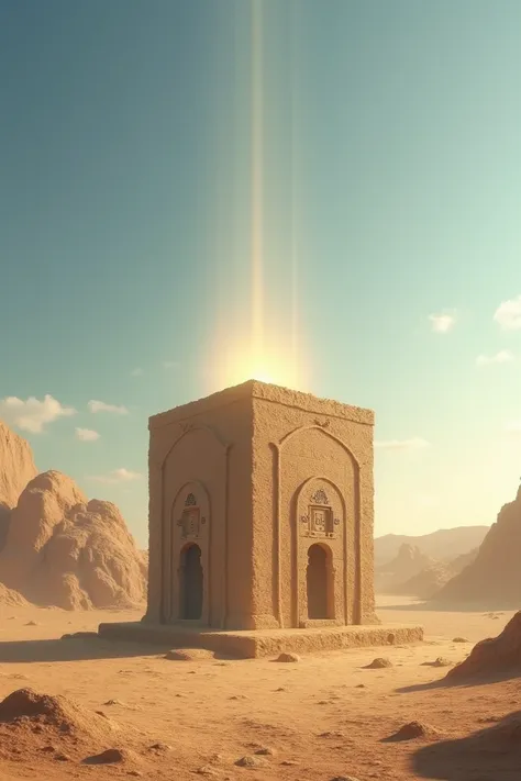 "An ancient and sacred depiction of the Kaaba as it might have appeared during the time of Prophet Adam (A.S.), built with simple unpolished stones and mud. It is situated in a vast, empty desert surrounded by a serene and untouched landscape. A divine gol...