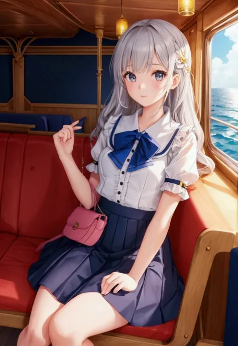 girl seating in ship with beautiful top and skirt 