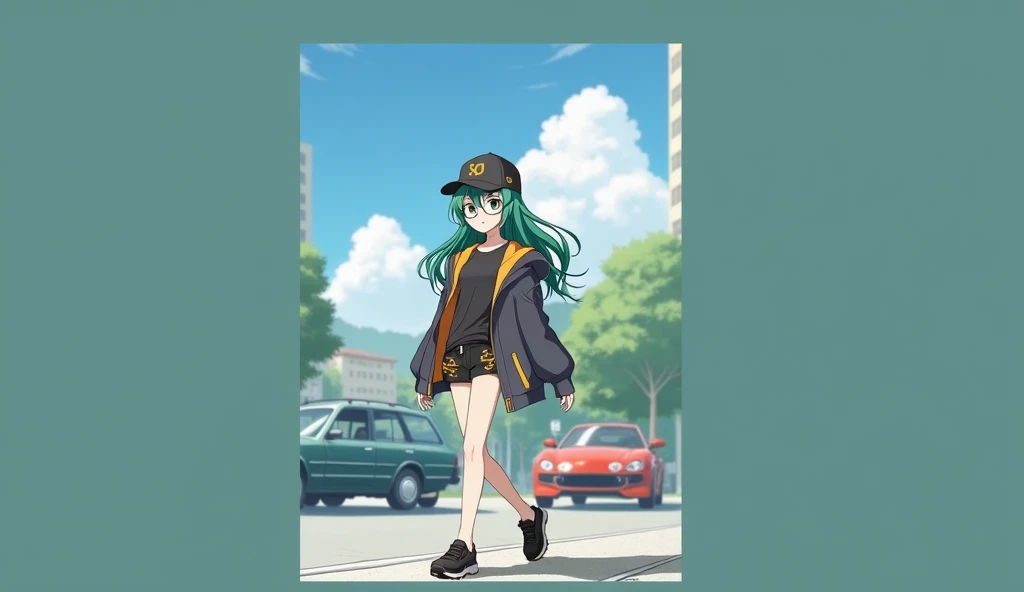 A teenage girl with long dark green hair reaching her neck, light green highlights, sea green eyes, wearing a black jacket with an orange lining, round grey clear glasses, black shorts reaching the knee with orange patterns, a black crew neck shirt, black ...