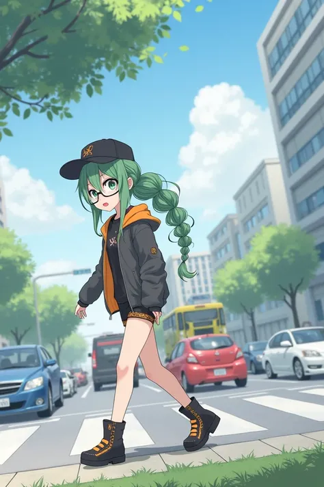 A teenage girl with long dark green hair reaching her neck, light green highlights, sea green eyes, wearing a black jacket with an orange lining, round grey clear glasses, black shorts reaching the knee with orange patterns, a black crew neck shirt, black ...