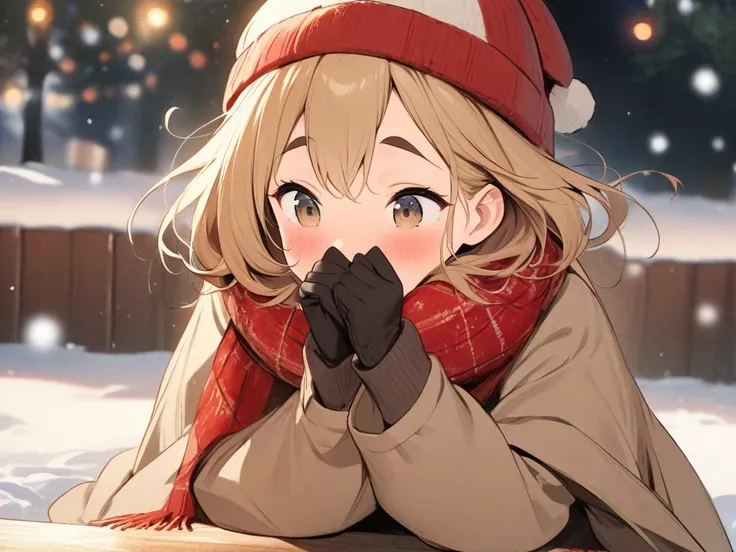  high definition , masterpiece, accurate,  MULTIPLE AWARDS ,  best quality,A Japanese anime-style watercolor illustration of a romantic winter scene. A tan-skinned teenage girl sits on a park bench in a snowy park, wearing a warm Christmas-themed knit hat,...