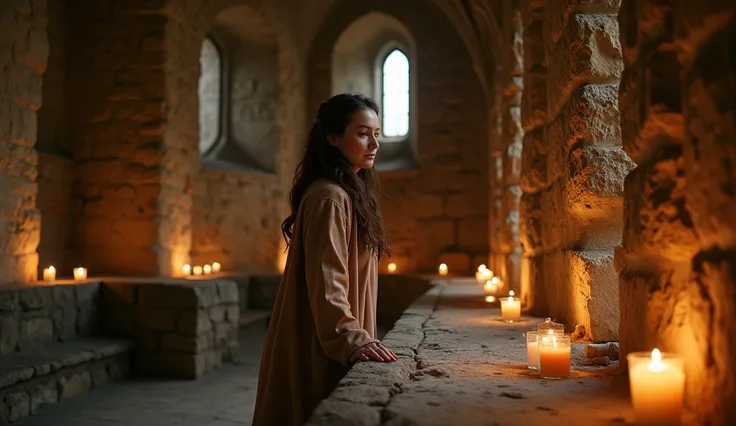 Framing: Position the woman walking along the edge of the church, her fingers lightly brushing against the cold stone walls. Her expression is reflective, as if she’s connecting with the history and spirit of the space.
Lighting: The soft glow of scattered...