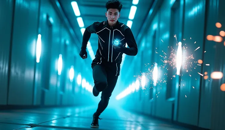 "Arion ,  A young man with short dark hair ,  dressed in a strict black futuristic uniform with bright blue luminous lines ,  sprinting fast past futuristic metal passage a room filled with neon blue light. in his hand,  Chrono Device shines brightly ,  em...