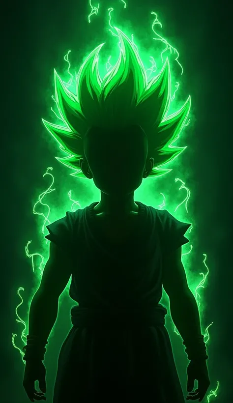 A shadowy figure with glowing neon green spiky hair styled like Dragon Ball characters. The figure has no facial features, just a dark silhouette emitting a pulsating green aura with leafy patterns and glowing lines radiating power.