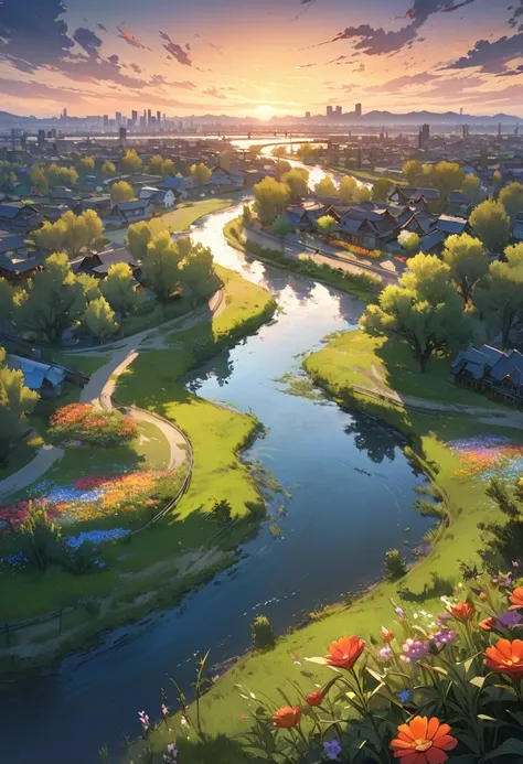 (masterpiece:1.2, Best Quality), from above, weeds, colorful flowers, city in distance, willow trees, sunset, river, railing, swamp, dusk, no humans,