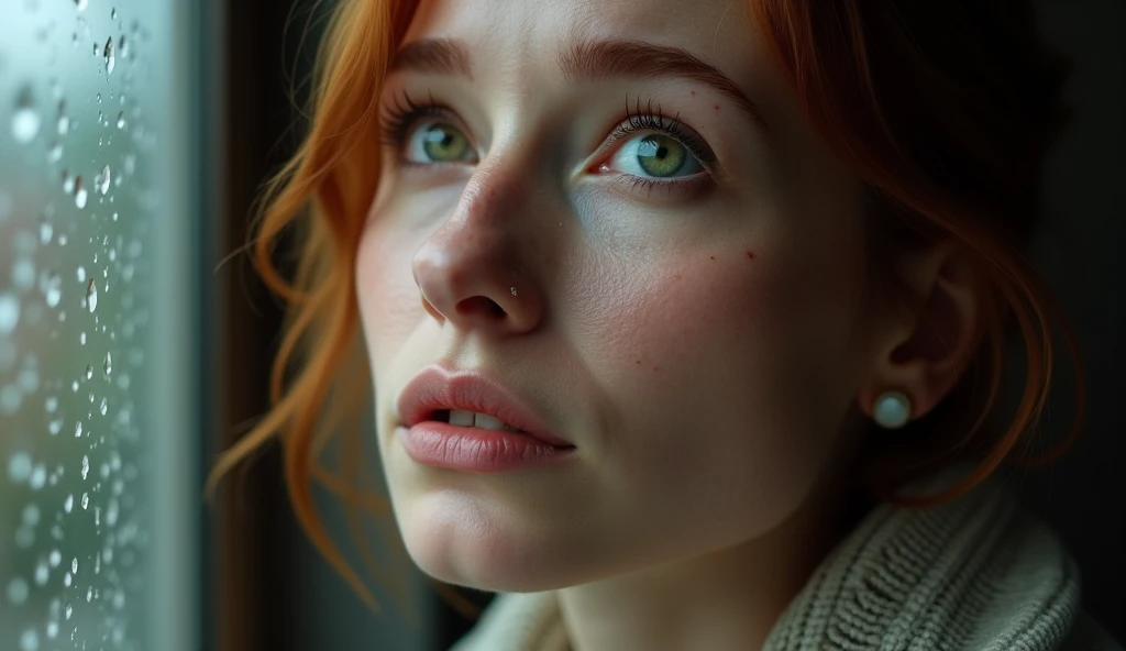 A close-up of a Caucasian woman in her early 30s with tear-stained cheeks and auburn hair, looking upward through a rain-streaked window. Her green eyes reflect hope despite obvious pain, soft natural lighting creates a gentle atmosphere of vulnerability a...