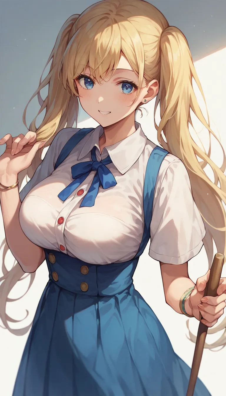 an anime girl,  an anime girl ,  blonde hair , long hair,  twin tails,   sweep bang in fashionable clothes,  blue eyes,  big bre...