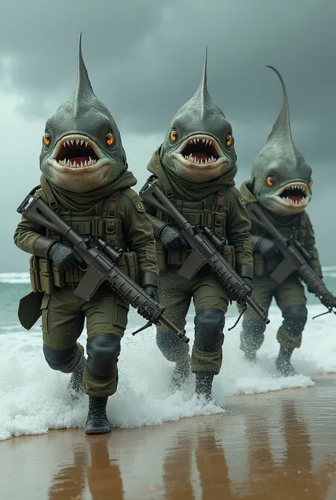  Three giant fish with a mans body  , soldier clothes  , Guns in hand ,  the fish are coming out of the sea towards the beach 