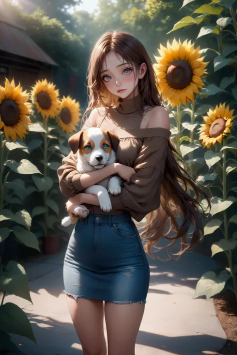 pretty young woman, at summer park, hugging a puppy, (+forehead, brown hair, long hair ), wearing brown turtleneck blouse, stacked over with light mint off-shoulder (sunflower pattern), denim distressed pencil mini skirt, BREAK, (1girl, solo, full body), (...