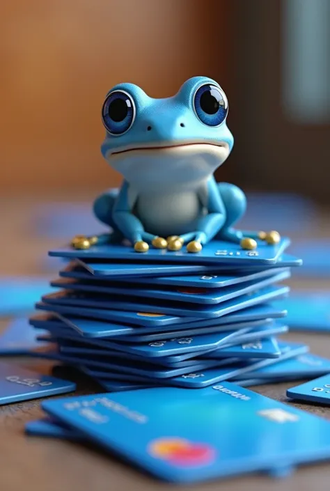 Une grenouille bleue mignonne dans le style Pixar sur une pile de cartes bancaires bleues.