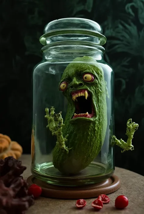 ray caesar inspired image of a screaming pickles stuck in a glass consol jar, dramatic halloween vibes 