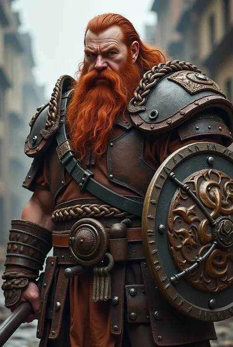 A very strong dwarf with braided leather armor and black iron eyelets with a long red beard and braided with a round shield adorned with a drawing of a dragon in high relief 