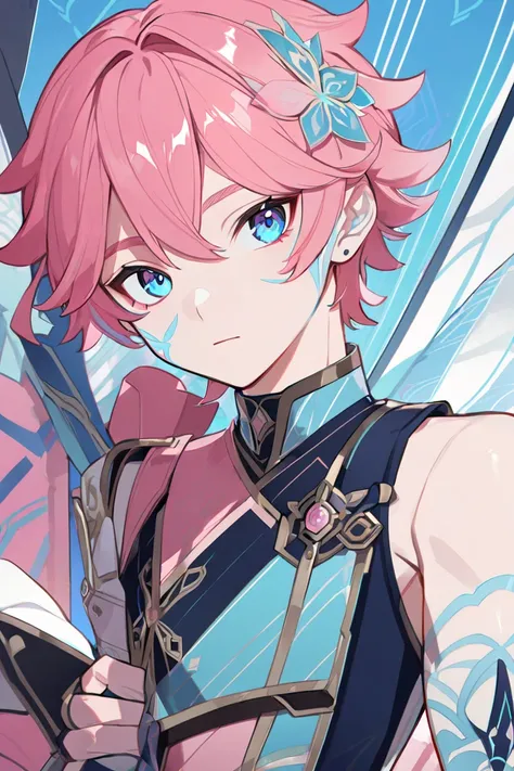 anime boy, short hair, pink hair, DeepSkyBlue eyes, cyan tattoo stripes markings on the cheek and arms, chest, genshin impact outfit, genshin impact characters