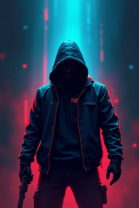 Create a logo for the profile picture of gaming category in which a hacker is standing behind him with blue and red light. His logo name is Rajput DDOS 