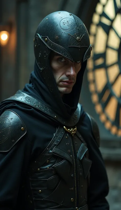 A gothic, surreal portrayal of time. Sacha Baron Cohen plays Alice through the Looking Glass. He wears sleek, minimalist black armor with subtle textures that seem to blend fabric and metal elements. On his head he wears a tall, brimless, cylindrical helme...