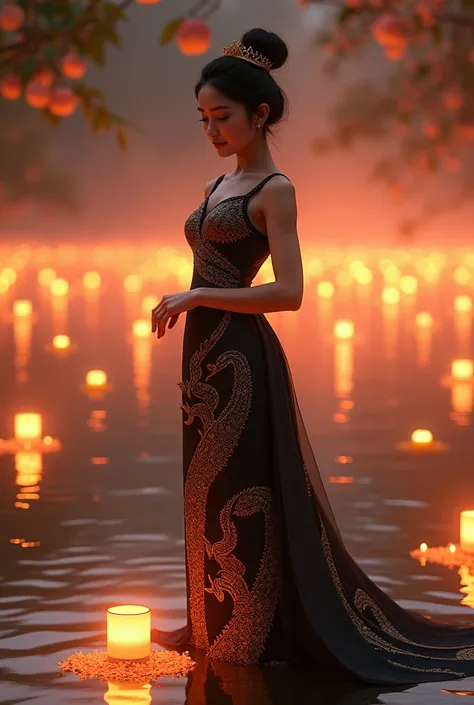 LOI KRATONG FESTIVAL, PEACH DAY, WEARING A BLACK THAI DRESS WITH CROCODILES
