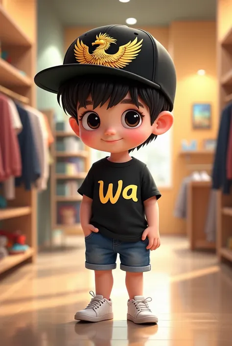 A white boy,  black hair ,  black cap with a drawing of a golden phoenix ,  this boy wears a black shirt written  "WA",  denim shorts white sneakers ,  this  is in a personalized products store, The environment is pleasant and inviting .