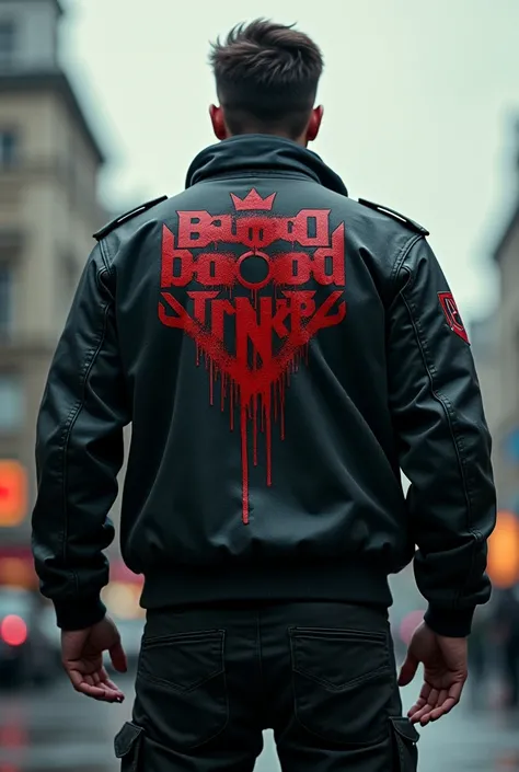 man facing back wearing jacket with the logo of the game Blood Strike and my name Seraphim|FB