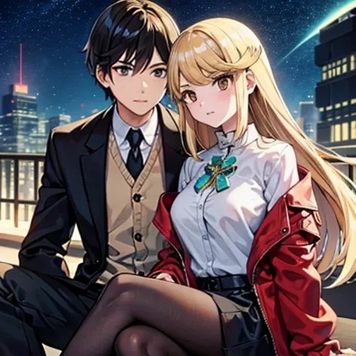 A girl with gold eyes and bright blonde hair, white blouse and shirts, green crystal on her chest, sitting next to a boy with short black hair on the lips, ojos marrones, lentes, red jacket with a night city behind them and shooting stars in the sky, kind ...