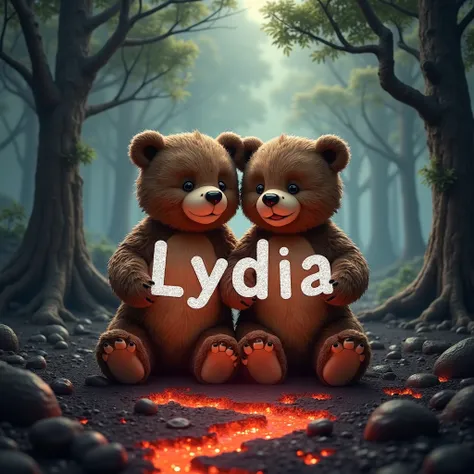 Loving brown bears sitting holding letters that read LYDIA 1500 formed with white diamonds with a dark red volcanic lava background with trees without eyes