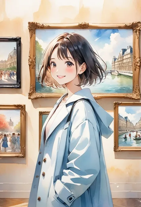 A smiling short-haired woman in a light blue coat looking at a framed painting displayed in the Louvre。 Lots of paintings are on display 。The paintings on display 、 depict a smiling girl 。 watercolor style 、 anime-style illustration