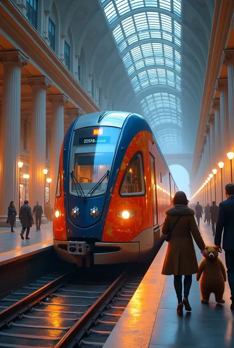  A beautiful subway train is at the station,  the station is a column and people are walking , a  with a bear 