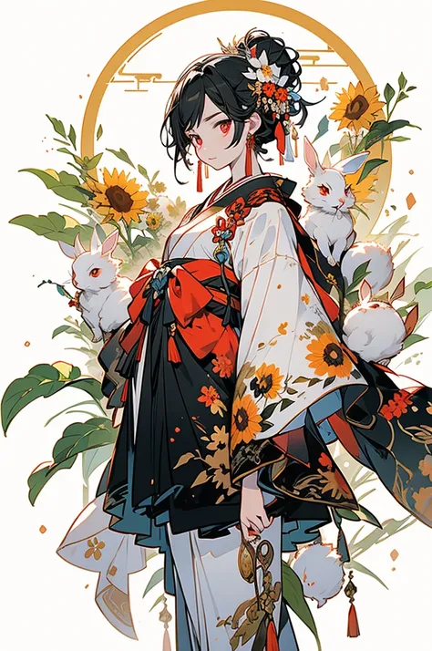 white backgrounid，Under sunflower leaves, (The rabbit sits on a rock)，rabbit，（1B：1.5，The upper part of the body，looking at viewert），white clothes，facial closeups，big beatiful red eyes，detailed face with，Flashy clothes，Ethereal rabbi，Dreamy，Onmyoji detailed...