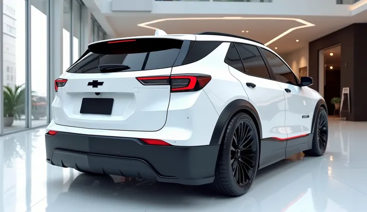 create an ultra-detailed 3D render of a modern, close-up back view of 2025 chevrolet Equinox EV with a bold design. The car should feature a Gleamy glossy White with a Chevy logo on its back, and sleek taillights. The body should be wide and expanded in gl...