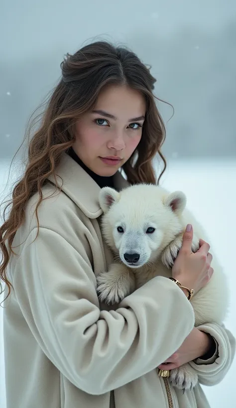  One Absolutely powerful of a  holding a white bear cub ,  captured in a style reminiscent of Martin Schoeller . the bear cub ,  with its soft and big eyes ,  nestles softly in the arms of the  ,  radiating a mixture of wild curiosity and trust .  This con...