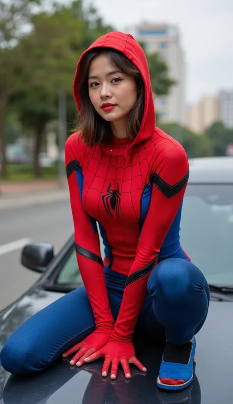  Chinese-Asian woman wearing Geoff Max Vegas Black Thunder eyeglasses . Spiderman costume . Head hood. little body weight 50kg big breasts 2 .3.  bright red lips . Upper lip tingling. Sitting position on top of the car. Road background. Realistic picture 8...