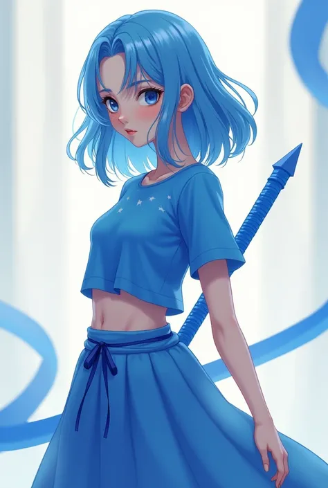 Shes a woman and her hair is blue 。 her clothes are blue T-shirts with stars、I&#39;m wearing a skirt。 she has a blue sword 。