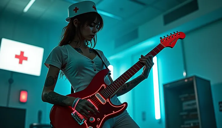 guitarist on stage、cyberpunk Hospital, working in a hospital with the most advanced technology、A very stylish and beautiful female cyborg nurse, (playing electric guitar, armpit exposure: 1.7), ((Nurse uniform exposed, Nurse&#39;s hat and red cross symbol:...