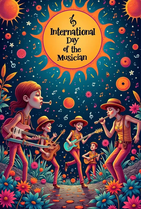 Create poster with the inscription of the International Day of the Musician with hippie rock background pop classic jazz progressive rock 