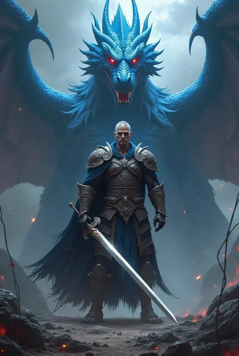 create a realistic photo image warrior holding a long sword Around him there is smoke from the black magic he used , there is a blue dragon with red eyes behind the man