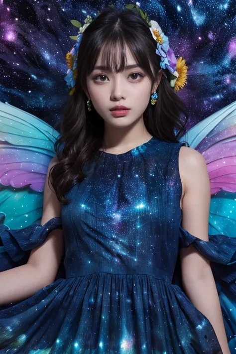 4K Ultra HD, masterpiece,  young woman, Good face,  Detail Eyes,  detailed lips from home, Flower Fairy,  big wings, ,  neon light, ( galaxy background :1.5), (flower dress:1.8), (indigo set:1.5), In heaven, ,