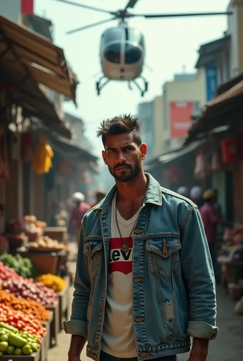   handsome Javanese man shopping to the market.. and then in a helicopter pickup ..put on a levis jacket 