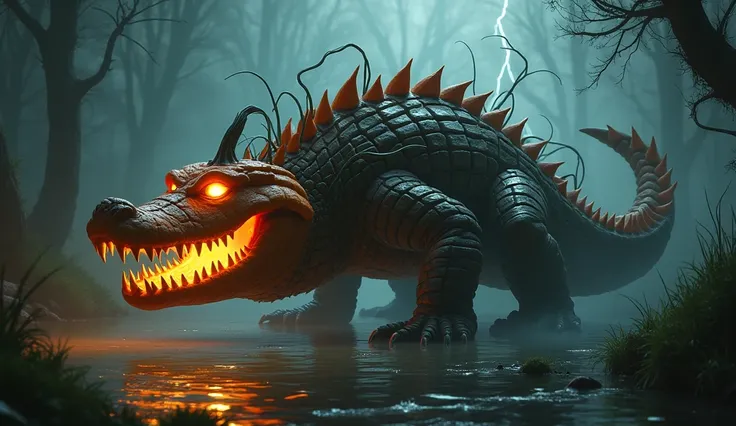 "Design a terrifying hybrid creature that seamlessly combines features of an alligator and a pumpkin into a single monstrous entity. The creature should have the elongated, muscular body of an alligator, with rough, textured skin blending into the ridged s...