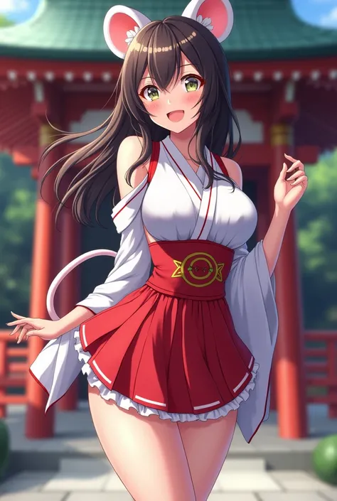  Draw an anime-style Japanese shrine maiden, Mouse Musume with a shrine in the background, Tall,  age range like a high-resolution , smile, Big breasted, wearing a mini skirt, , and in a dynamic pose.。Please draw in pairs 。 Please draw her thin and big boo...