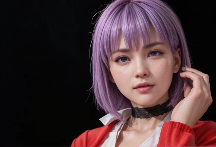 Ayane, purple hair, (best quality, ultra-detailed), (realistic:1.37), beautiful and detailed face, ultra-realistic texture, delicate face, delicate body, red lipstick, long-lasting colors. high definition, 8K. expression with a sexy look