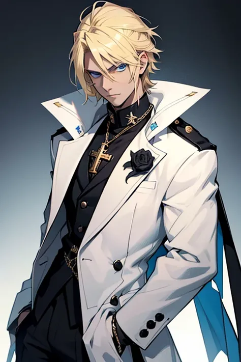  The character is a young man with blond hair and blue eyes. Hes an exorcist ,  wearing formal clothes,  gun consisting of black pants and a white shirt .  Hes wearing a black coat with a gold chain, thrown over the shoulder, and a cross brooch . Besides, ...