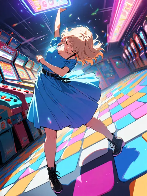 1 girl, dancing, energetic, colorful arcade, retro style, bright neon lights, rhythm game, intense focus, DanceDanceRevolution, up, down, left, right arrows neon on floor,masterpiece, best quality, very aesthetic, absurdres