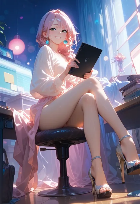 Anime Girl Beauty, ideal anatomy, Bright, sexy,Pen in Hand and Tablet, sits at the monitor, neon light falls on her beautiful face, There are Small Objects on the table, Full Detailing, masterpiece, bright colors, score_9, score_8_up, score_7_up, dramatic ...