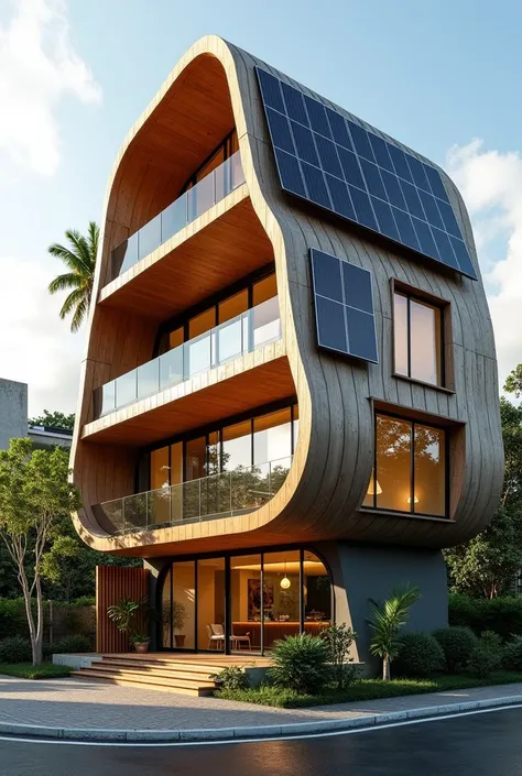 " Modern building inspired by a coffee bean , with rounded façade and solar panels .  It uses natural materials and earthy tones ,  with large windows and a roof adaptable to the climate ,  merging sustainability and Barranquilla culture." 4-STOREY WITH SO...