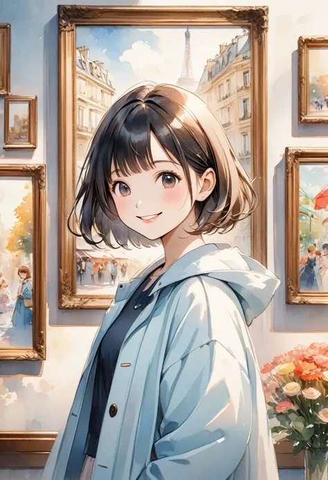 Smiling shorthaired woman in a light blue coat looking at a framed painting displayed in a Paris museum。 Lots of paintings are on display 。The paintings on display 、 depict a smiling girl 。 watercolor style 、 anime-style illustration