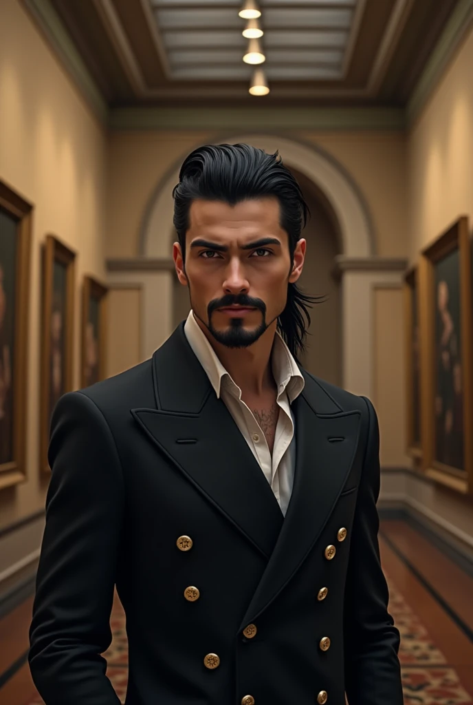 A young tall man , with light brown eyes , black short mullet hairstyle faded on both sides with tiger scratch , with a moustache and goatee beard ,with an old money style ,at a museum. 