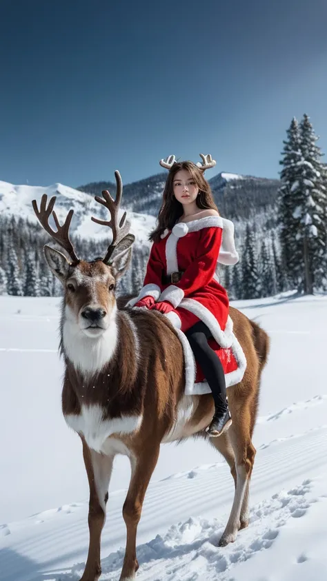 18 year old female,  Masterpiece:1.4,  long brown hair,  Masterpiece,  top quality ,  Best Picture Quality ,  high resolution , Full body kit  , RAW Photos, 8k, วอลเปเปอร์ high resolutionแบบ CG synthesis 8k)), Panoramic image, Santa Claus image ,  Incredib...