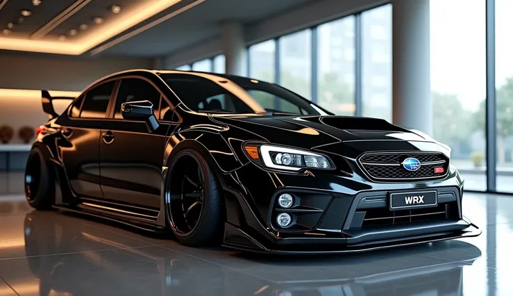 create an ultra-detailed 3D render, of a modern 2025   subaru WRx with a bold design looking long like limousine captured from street front view. The car should feature a white color and black accents with a . Subaru WRX  logo on its back, a large white de...