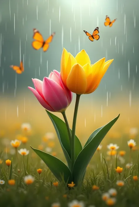 Yellow tulip leaning onto pink tulip in the rain. They are loving each other. Yellow tulip is taller than pink. Realistic. Butterflies flying above them happily. Turn them into pillow like. Yellow is male Pink is female. A bit far away in the middle of the...