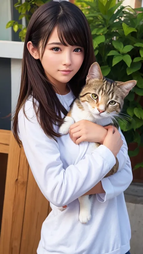  beautiful girl, highest quality, photo realistic, hold a cat